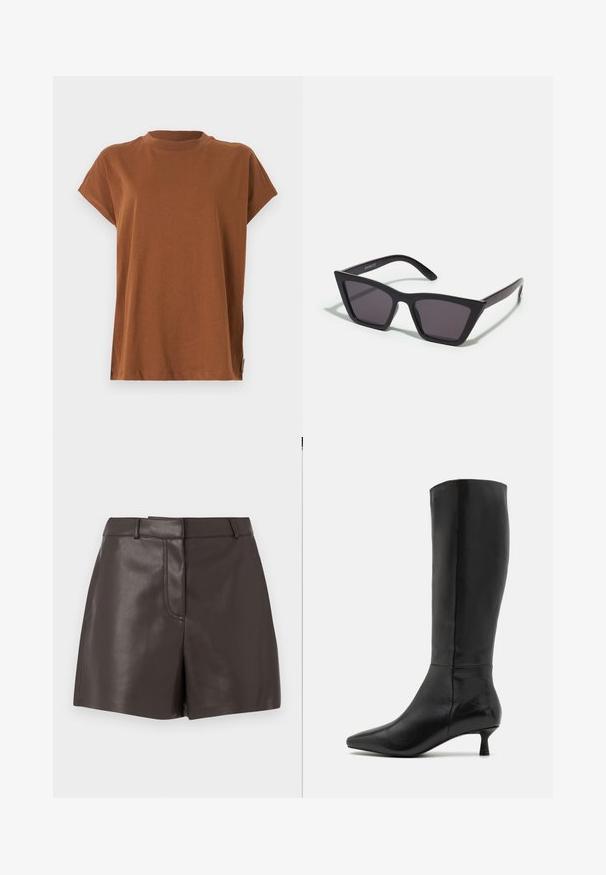 Ruda trumpų rankovių marškinėliai su apskritimu, pagaminti iš švelnios, lengvos medžiagos. Paprastas dizainas be raštų ar puošmenų.; Rudos odinės šortai su lygia tekstūra, turintys priekinius siūlus, diržo kilputes ir dvi šonines kišenes. Sukurti tamprioms linijoms.; Zign Batai - black; Juodos, kampuotos saulės akinios su pilkais stiklais; pagaminti iš plastiko, su storomis šakėmis, turinčiomis lygų paviršių ir be matomų detalių.