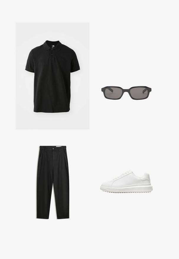 Czarna koszulka polo wykonana z bawełny, z klasycznym kołnierzykiem, krótkimi rękawami i subtelnym, ciemnym logo na piersi. Gładka faktura.; Czarne bawełniane spodnie o luźnym kroju, z klasycznym pasem, przednimi plisy oraz bocznymi kieszeniami. Gładka struktura, bez wzorów.; Białe sneakersy z gładką syntetyczną cholewką, okrągłym noskiem, płaskimi sznurowadłami, teksturowana podeszwa oraz warstwowym, platformowym designem dla dodatkowej wysokości.; Czarne prostokątne okulary przeciwsłoneczne z ciemnoszarymi soczewkami, posiadające grubą plastikową oprawę i gładką teksturę. Brak widocznego logo.