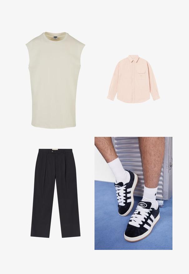 Haut sans manches en coton beige avec un col rond et un ourlet arrondi. Texture lisse, design minimaliste, sans motifs ni ornements.; Chemise à manches longues de couleur rose clair, en tissu doux, avec un col boutonné, une poche à l'avant et un logo brodé subtil sur la poitrine.; Pantalons noirs marins ajustés à taille haute, avec deux plis à l'avant, fermeture par bouton et jambes droites en tissu lisse.; Baskets en suede noir avec des lacets blancs et trois rayures blanches. Présente un logo circulaire noir sur la languette et une semelle en caoutchouc beige.