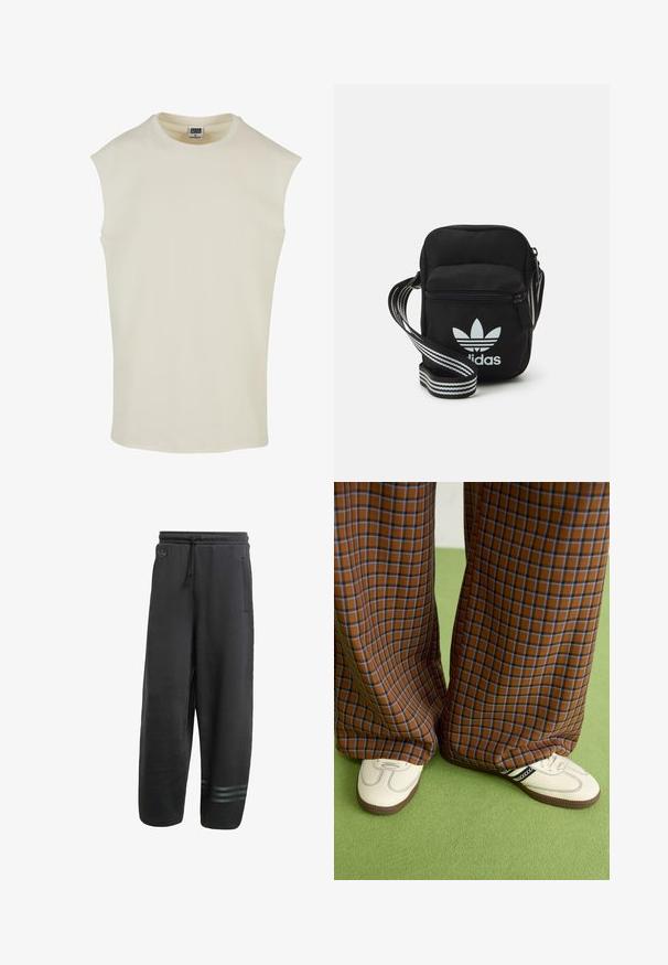 Camiseta sin mangas de algodón beige con cuello redondo y dobladillo redondeado. Textura suave, diseño minimalista, sin patrones ni adornos.; Pantalones deportivos negros de corte relajado, con cintura elástica, cordón, bolsillos laterales y tres sutiles rayas horizontales en el tobillo.; Pantalones de pata de elefante de cuadros marrones y azules combinados con zapatos blancos con detalles en negro y suelas texturizadas, sobre un fondo verde.; Bolso cruzado de tela negra con cierre de cremallera, que presenta un logo blanco de Adidas y una correa ajustable a rayas para un fácil transporte.