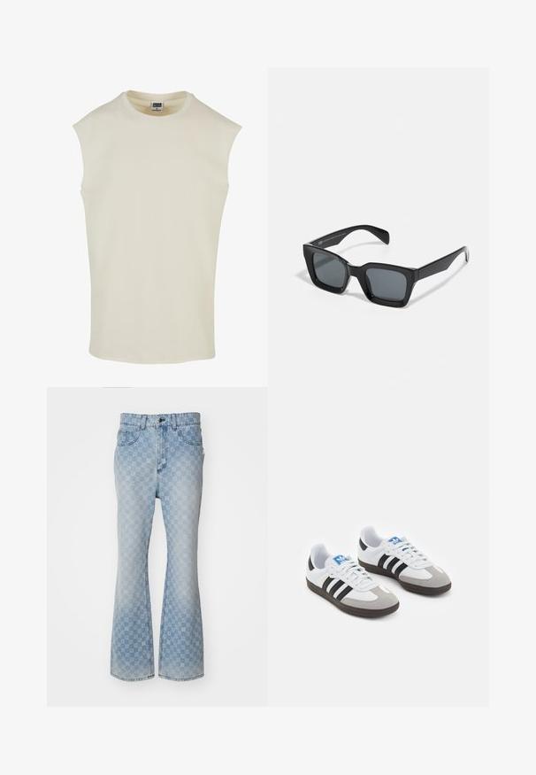 Beige ärmlös bomullstopp med rundad halsringning och rundad fåll. Slät textur, minimalistisk design, inga mönster eller utsmyckningar.; Ljust blå denim flarejeans med ett mönster av logotyper över hela, fem fickor, knappstängning och en lätt blekt finish.; Sportskor med överdel i vit läder, grå mocka på tårna och tre svarta ränder. Har en blå logotyp på tungan och en texturerad gummisula.; Svarta rektangulära solglasögon med mörka linser. Plastikkarm med högblank yta, med bred näsbrygga och något avsmalnande acetate.
