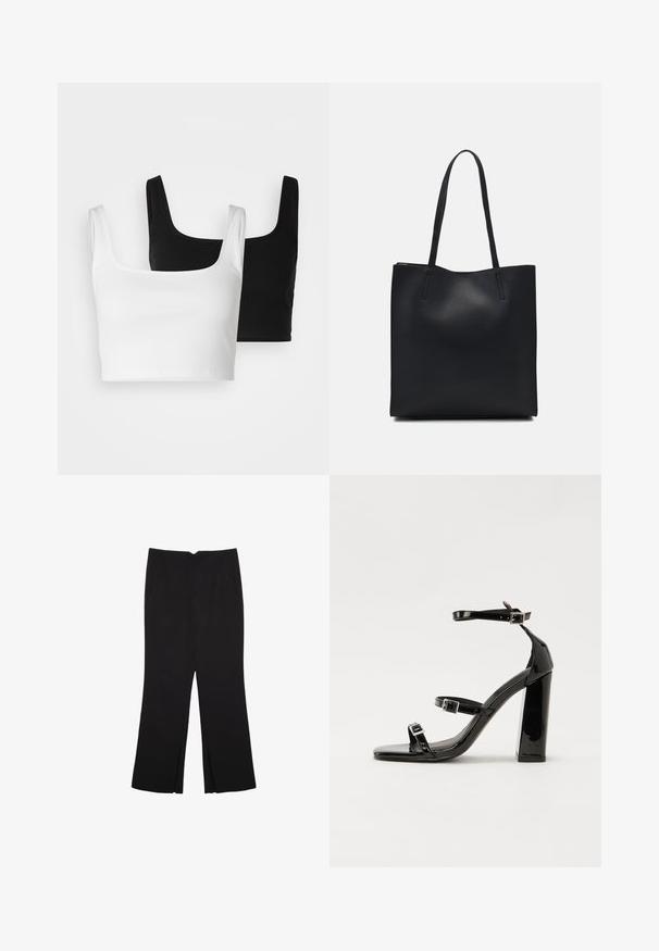 Even&Odd 2 PACK - Top - black/white; Schwarze Hose mit geradem Schnitt, ausgestattet mit Fronttaschen und Seitenschlitzen am Saum. Hergestellt aus weichem, glattem Stoff. Geeignet für verschiedene Anlässe.; Schwarze patentierte Sandalen mit Absatz, quadratischer Spitze, Knöchelriemen und silbernen Schnallen. Mit einem stabilen Blockabsatz für mehr Stabilität.; Schwarze Laptoptasche aus Leder mit glatter Textur, rechteckiger Form und zwei langen Griffen. Keine sichtbaren Beschläge oder Verzierungen.