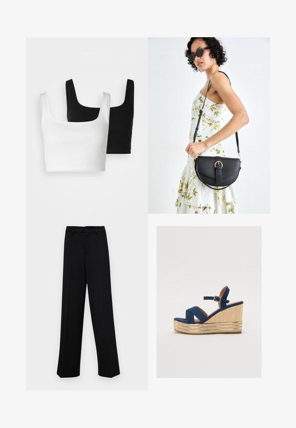 Even&Odd 2 PACK - Top - black/white; Pantalones de pierna ancha negros, hechos de un tejido suave, con una cintura clásica que incluye un cierre de botón y pliegues frontales.; Sandalia cuña de color azul marino con tiras cruzadas, una plataforma de fibra natural texturizada y un acento metálico dorado en la base.; Bolso de piel negra con forma curva, correa desmontable y herrajes dorados. El bolso cuenta con una solapa con un detalle de hebilla.