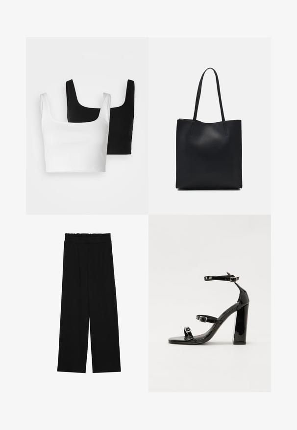 Even&Odd - Top; Czarne spodnie typu wide-leg z falbaną w pasie, z dwoma bocznymi kieszeniami i gładkim, lekkim materiałem. Brak widocznych wzorów lub elementów metalowych.; Czarne lakierowane sandały na obcasie z kwadratowym noskiem, z paskami wokół kostki i srebrnymi klamrami. Posiadają masywny słupek dla stabilności.; Czarna skórzana torba tote o gładkiej fakturze, prostokątnym kształcie i dwóch długich uchwytach. Brak widocznych elementów metalowych i ozdób.