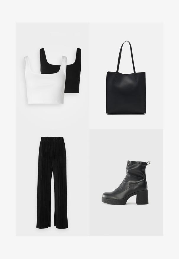 Even&Odd 2 PACK - Viršus - black/white; Juodi plisuoti kelnės su elastine juosta. Turėkite plačias kojas ir glotnų, tekstūrinį audinį su vertikaliais dryžiais.; Juodos kulkšninių botai, pagaminti iš lygaus odos, su šoniniu užtrauktuku, masyviu tekstūruotu kulnu ir apvaliu pirštu.; Juodas odinis tote krepšys su lygia tekstūra, stačiakampio formos ir dviem ilgais rankenomis. Matomų metalinių detalių ar puošybos nėra.