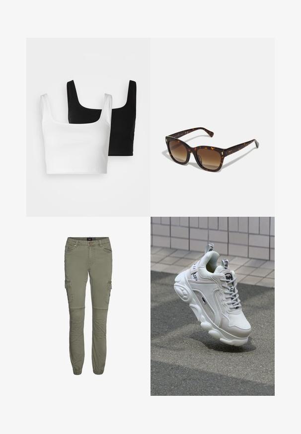 Even&Odd 2 PACK - Top - black/white; Olive zelene cargo hlače iz vzdržljive mešanice bombaža s ožjimi manšetami, več džepi in pregibi na kolenih za dodatno gibljivost.; Bela superga z mrežastim in usnjenim materialom, zaobljenim nosom, debelim podplatom, opaznimi vezalkami ter blagovno znamko na peti in jeziku.; Sončniki v tortoščnem vzorcu s kvadratnim okvirjem in gradientnimi rjavimi lečami, katere krasijo zlati detajli na ročajih ter debel, sijoč okvir.