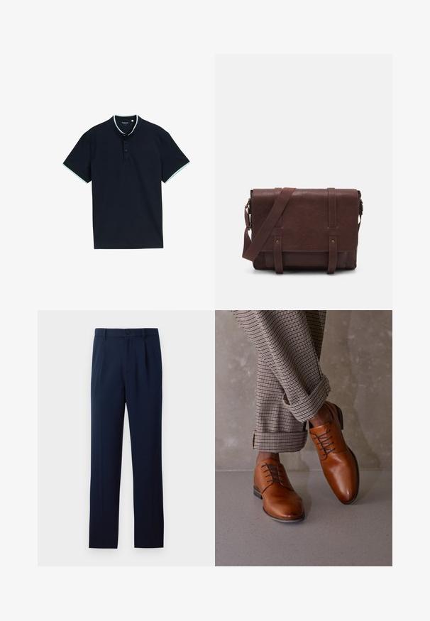 Sötétkék pólóing texturált anyagból, álló gallérral, három gombbal és világoskék díszítéssel a galléron és az ujjakon.; Három hosszúujjú ing: világoskék, fehér és tengerészkék. Mindegyik klasszikus galléros és gombos előlapi, sima anyagból készült.; Sötétkék nadrág sima anyagból, egygombos záródással, pliszírozással és egyenes lábakkal. Minimalista dizájn, jelentős minták nélkül.; Barna bőrcipők kerek orral, öt szemlyukú fűzős kialakítással és eltérő sötét fűzőkkel rendelkeznek. A nadrág kockás, a szárán fel van hajtva.; Barna bőr válltáska, lapos elülső fedéllel, két pánttal, arany színű fém kiegészítőkkel és állítható vállpánttal.
