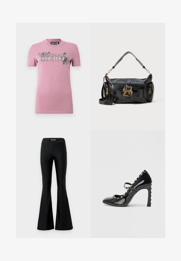 Rozā kokvilnas T-krekls ar īsām piedurknēm un apaļu kakla izgriezumu. Priekšējā daļā ir grafika ar ziedu rakstiem un uzraksts "VERSACE JEANS COUTURE" lieliem burtiem.; Melnas platas bikses ar gludu tekstūru, ar pieguļošām jostām un zelta apaļu akcentu priekšpusē. Izgatavotas no elastīga materiāla.; Melnas lakotas ādas augstpapēžu kurpes ar smailu purngalu, potītes siksniņu un zeltainiem dekoratīviem nagiem gar malu.; Melna ādas rokassoma ar gludu tekstūru, zelta čūskas formas furnitūra un divas ar rāvējslēdzējiem aizveramas sānu kabatas. Iekļauta regulējama plecu siksna.