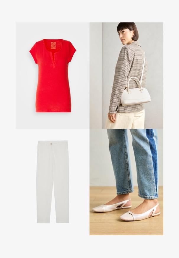 Rød bomullst-skjorte med korte ermer, en krage med hakk og en teksturert overflate. Har et enkelt, rett design uten mønstre.; Hvite, skreddersydde bukser med rette ben, med knapplukking, beltehemper og sidelommer; glatt tekstur.; Lys rosa slingback leiligheter med spiss tå, laget av et glatt, læraktig materiale. Har utskjæringer på sidene og lav hæl.; Hvit strukturert håndveske med korte håndtak og skulderreim, med detaljer i gullfinish og teksturert materiale, vist mot en grå bakgrunn.