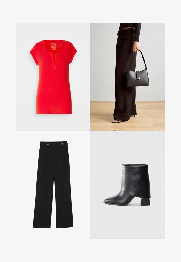 Rød bomullst-skjorte med korte ermer, en krage med hakk og en teksturert overflate. Har et enkelt, rett design uten mønstre.; Svart vide bukser med høy midje, knappdetaljer på midjebåndet og frontplisser.; Sorte lær ankle boot med spiss tå, glatt tekstur og en strukturert blokkhæl. Har et høyt, brettet mansjett-design.; Svart håndveske med strukturert form, jevn tekstur og metallisk lås. Kombinert med brede svarte bukser og sandaler med åpen tå på tregulv.