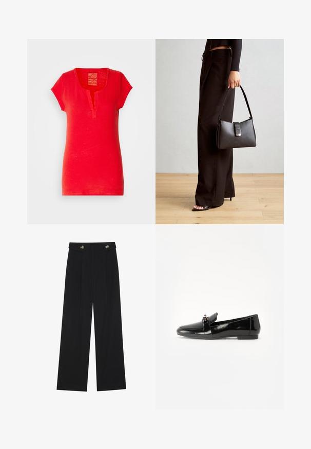 Rød bomullst-skjorte med korte ermer, en krage med hakk og en teksturert overflate. Har et enkelt, rett design uten mønstre.; Svart vide bukser med høy midje, knappdetaljer på midjebåndet og frontplisser.; Svart lakkert lærloafer med flat såle, rund tå og en dekorativ rem med gulltonet akzent. Glatt, blank overflate.; Svart håndveske med strukturert form, jevn tekstur og metallisk lås. Kombinert med brede svarte bukser og sandaler med åpen tå på tregulv.