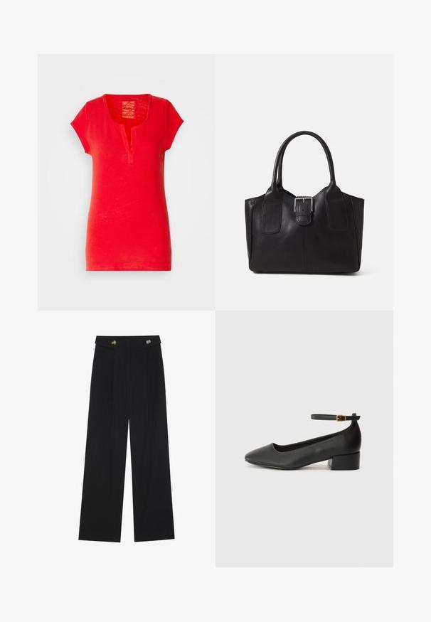 T-shirt de algodão vermelho com mangas curtas, colarinho com corte e um acabamento texturizado. Apresenta um design simples e reto, sem padrões.; Calças largas pretas com cintura alta, detalhes em botão na cintura e pregas frontais.; Sandal de pele preta com bico pontiagudo e um salto bloco baixo. Apresenta uma tira no tornozelo com uma fivela em tom dourado. Textura suave.; Bolsa tote de couro preta com textura suave, forma estruturada, duas alças e um destaque prateado proeminente na parte da frente.