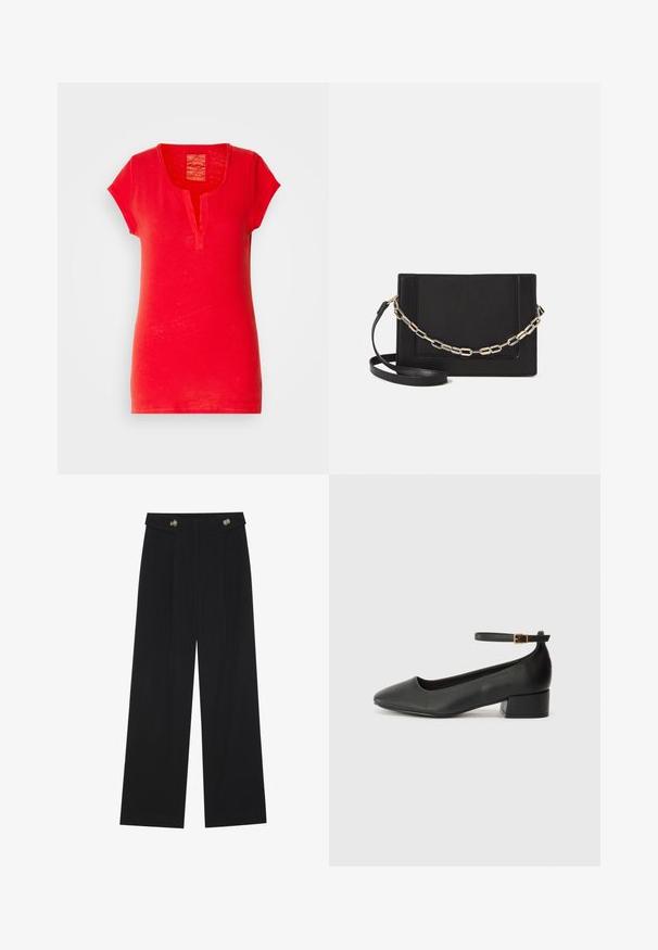Rotes Baumwoll-T-Shirt mit kurzen Ärmeln, einem kleinen Kragen und einer strukturierten Oberfläche. Das Design ist einfach und gerade, ohne Muster.; Schwarze weite Hosen mit hoher Taille, Knopfdetails am Bund und vorderen Falten.; Schwarze Lederpumps mit spitzem Zehenbereich und niedrigem Blockabsatz. Mit einem Knöchelriemen und einer goldfarbenen Schnalle. Glatte Textur.; Schwarze Leder-Crossbody-Tasche mit glatter Textur, rechteckiger Form und metallic-kettendetail auf der Vorderseite. Verstellbarer Gurt inklusive.