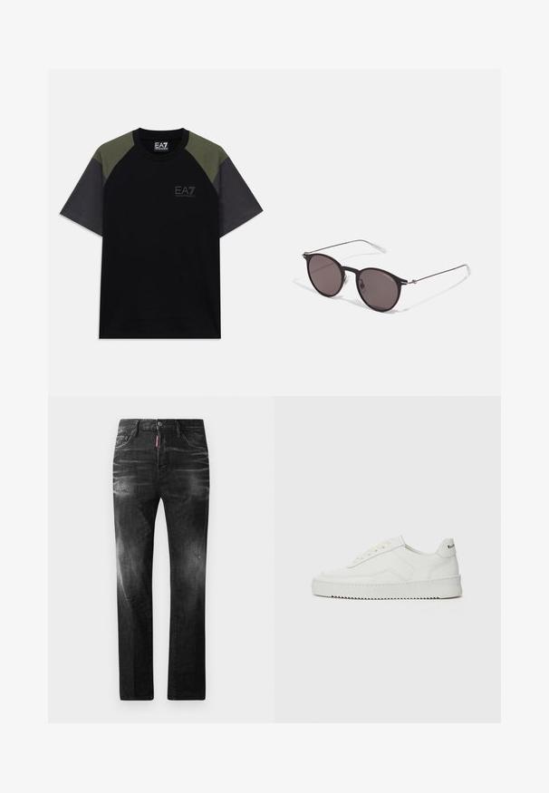 Mustapaita, jossa on lyhyet hihat, oliivinvihreät olkapaneelit, tummanharmaat hihat, ja EA7 Emporio Armanin logo rinnassa ja kaulustarrassa.; Mustat denimfarkut suoralla istuvuudella. Ominaisuuksiin kuuluu haalistuneita alueita, pieniä kulumia, klassinen viiden taskun malli sekä nappisulku.; Valkoinen nahkakenkä, jossa on sileä pinta, pyöreä kärki, tasaiset nauhat ja teksturoitu pohja. Sisältää huomaamattoman logon kantapäässä.; Musta pyöreä aurinkolasit tummilla linsseillä ja kapeilla metallikehyksillä. Sisältää kirkkaat temppelet ja hopeiset yksityiskohdat saranassa. Minimalistinen muotoilu.