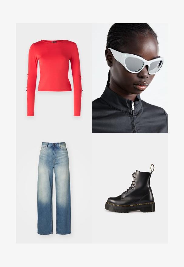 Piros, hosszú ujjú felső sima anyagból. Kerek nyakkivágással és a külső ujjakon állítható szorosra köthető pántokkal rendelkezik.; Világoskék, magas derekú, bőszárú farmernadrág, fades anyagból, elhalványult gradienssel, öt zsebbel és fém kiegészítőkkel.; Fekete bőrből készült, fűzős bokacsizma masszív fekete talppal és sárga varrással. Hátsó húzófüllel és kör alakú fémszemekkel rendelkezik.; Fehér napszemüveg, merész, túlnőtt dizájnnal és tükör lencsékkel, sima műanyag kerettel és hangsúlyozott ívekkel.