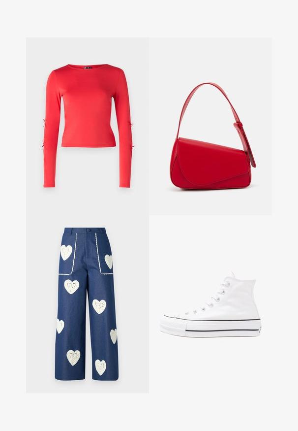 Top longo vermelho de mangas, feito de material suave. Possui um decote redondo e laços nas mangas externas para um ajuste ajustável.; Sister Jane HEART TO HEART - Calças de ganga de perna direita - blue denim; Sapatilha alta de tela branca com sola de borracha preta, bico de borracha na frente e seis ilhós para os atacadores, apresentando um design limpo e minimalista.; Bolsa de mão em couro vermelho com um design angular e geométrico. Apresenta uma única alça ajustável e um fecho com aba, com detalhes cosidos.