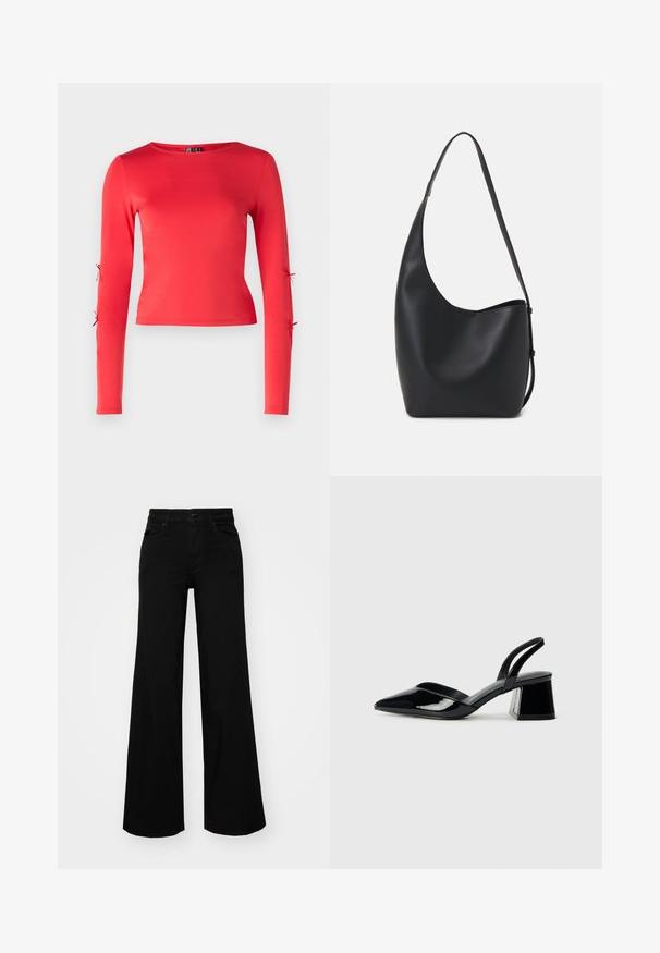 Piros, hosszú ujjú felső sima anyagból. Kerek nyakkivágással és a külső ujjakon állítható szorosra köthető pántokkal rendelkezik.; Fekete, bő szárú farmernadrág, amelynek állítható derékrésze van, övhurkokkal és elülső zsebekkel. Simaság jellemzi, klasszikus dizájnnal.; Fekete lakk bőr szandálkés magas sarkú cipő, hegyes orral és geometrikus tömbsarkakkal. Karcsú, minimalista dizájn és sima textúra jellemzi.; Fekete bőr hobo táska sima textúrával, ívelt formával és egyetlen állítható pánttal; széles nyílás található a tetején.
