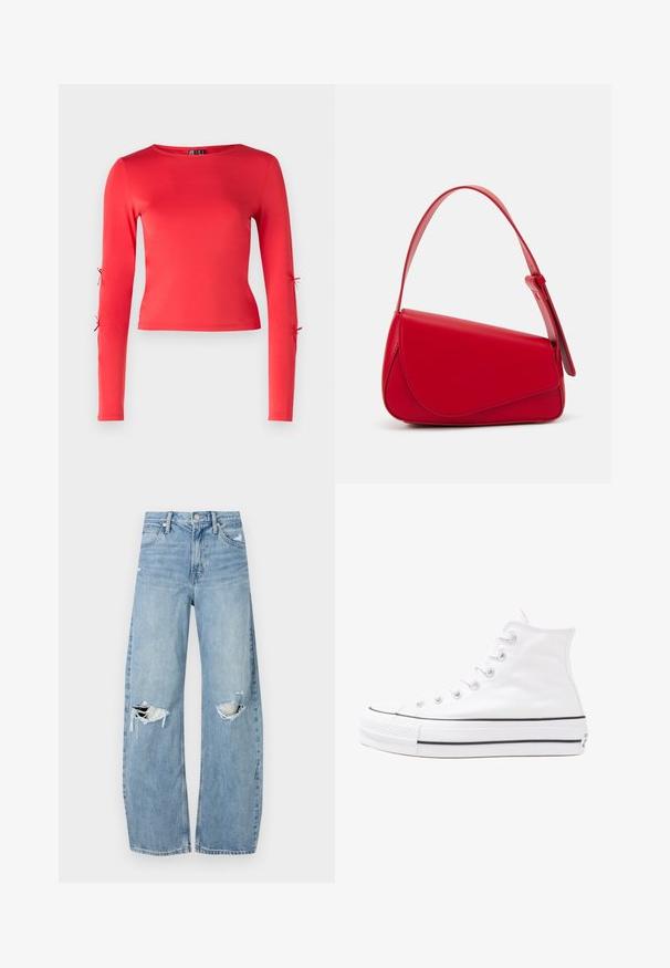 Piros, hosszú ujjú felső sima anyagból. Kerek nyakkivágással és a külső ujjakon állítható szorosra köthető pántokkal rendelkezik.; Világoskék, magas derekú farmernadrág. Széles lábakkal, két szakadt térddel és klasszikus öt zsebes dizájnnal rendelkezik.; Fehér magaskorsó vászon sportcipő fekete gumi talppal, elülső gumi orrnyereggel és hat fűzőlyukkal, letisztult, minimalista dizájnnal.; Piros bőr kézitáska szögletes, geometrikus kialakítással. Egy állítható pánttal és varrott részletekkel ellátott fedélzárral rendelkezik.