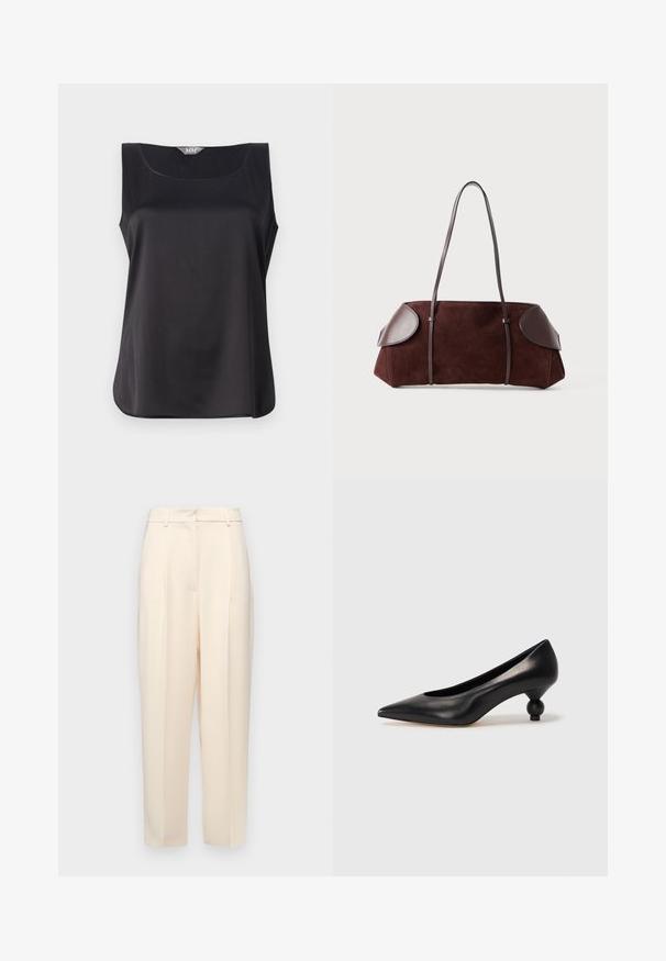 Svart ärmlös topp med rundad halsringning, slät satin-textur och löst snitt. Har en diskret fåll och minimalistisk design.; Ljust beige skräddarsydda byxor med rak passform, utrustade medveck fram, en slät yta och en midjehöjd som är medelhög. Inga synliga fickor.; Svart läderhögklackad sko med spetsig tå och rund, bollformad klack. Slät yta med en elegant, minimalistisk design.; Brun mocka väska med läderdetaljer, strukturerad form, dubbla axelremmar och rundade kanter, med en slät yta och minimal hårdvara.
