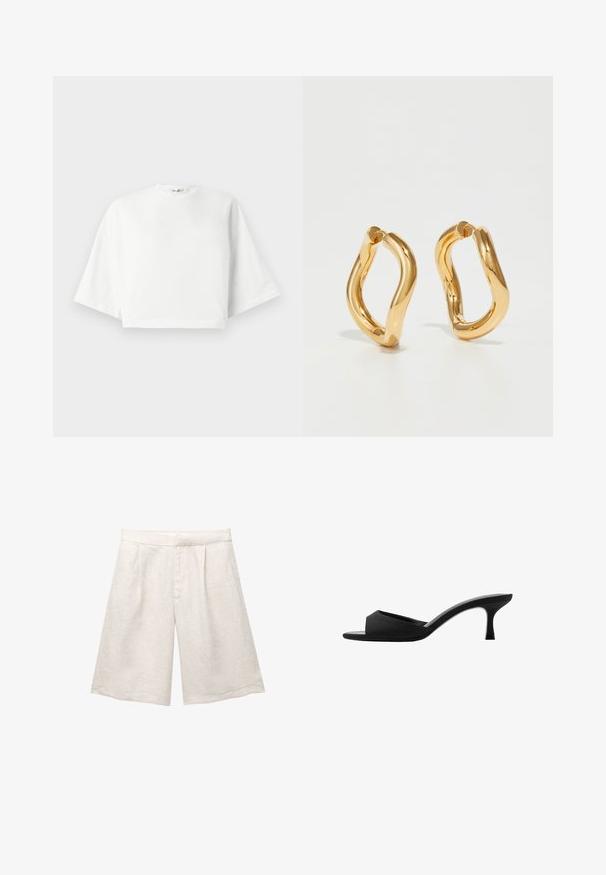 Biała, krótka koszulka z luźnym krojem, krótkimi szerokimi rękawami, okrągłym dekoltem i bocznymi szwami, wykonana z miękkiego bawełnianego materiału.; Biała bluzka o luźnym kroju z długimi rękawami, kołnierzykiem i detalem związania z przodu. Wykonana z gładkiego materiału o lekko usztywnionej strukturze.; Beżowe lniane szorty o szerokich nogawkach, z plisami z przodu i gładkim pasem. Materiał ma lekko teksturowane wykończenie.; Czarne klapki na wysokim obcasie z szerokim, otwartym noskiem i zakrzywioną cholewką. Wykonane z teksturowanej tkaniny, z wąskim obcasem i gładką podeszwą.; Złote kolczyki w kształcie obręczy o zakrzywionym, nieregularnym kształcie oraz gładkiej, wypolerowanej powierzchni. Brak widocznych elementów sprzętowych lub akcentów.