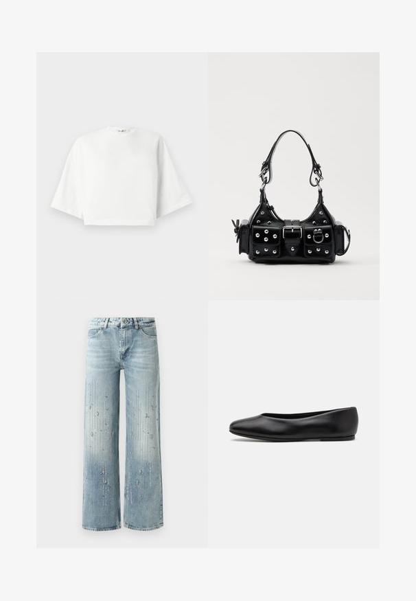 Valge lühikese varrukaga, lõdva istumisega, lühike t-särk, ümar kaelus ja küljetagused, valmistatud pehmest puuvillast materjalist.; Heledad helesinine laiade jalgadega teksad, millel on denimist valmistatud, graadiendiga värviefekt ja hõbedaste silmadega ääristused piki suunda.; Paul Smith TOPANGA - Baleriinad - black; Must värvi nahast käekott, millel on kaarjas disain, hõbedased nupukesed, kinnitusahe ja kaks külgtaskut. Reguleeritav rihm erinevate kandmisvõimaluste jaoks.