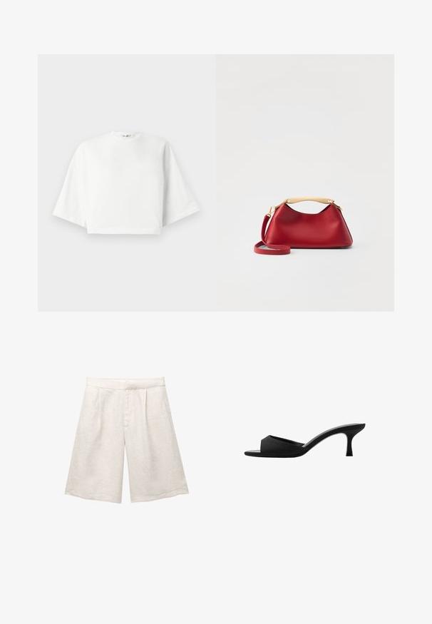 Bela skrajšana majica s sproščenim krojem, kratkimi širokimi rokavi, okroglim izrezom in stranskimi razporki, izdelana iz mehkega bombažnega materiala.; Bež lanene kratke hlače z širokimi nogavicami, ki imajo sprednje nabore in gladek pas. Tkanina ima rahlo strukturirano površino.; Črne natikače na peto z širokim, odprtim prstom in ukrivljenim zgornjim delom. Narejene iz teksturiranega materiala, imajo vitko peto in gladko podplat.; Elleme MINI BOOMERANG - Torba čez telo - Red