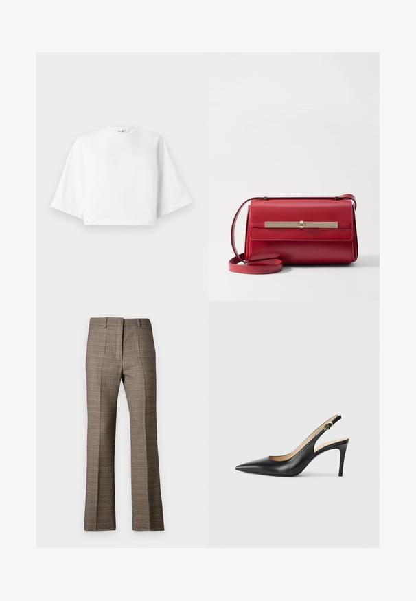 Balta trumpa marškinėlių su laisvu siluetu, trumpos plačios rankovės, apvalus kaklas ir šoninės skeltos, pagaminta iš minkštos medvilnės medžiagos.; Rudi dryžuoti kelniai su tiesia kojų forma, pasižymintys tekstūruota medžiaga ir subtiliomis smėlinėmis bei tamsiai rudos spalvos atspalviais rašte.; Juodos odinės slingback aukštakulnės bateliai su smailiu nosiu, reguliuojama juosta ir elegantišku stiletto kulnu, pasižymintys lygia apdaila.; Stuart Weitzman POSH SHOULDER BAG - Rankinė per petį - cherry