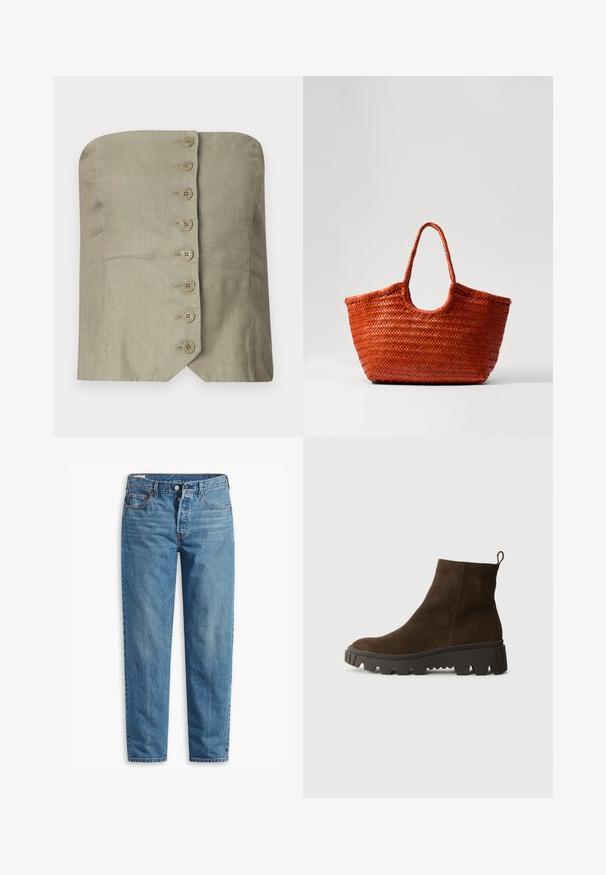 Šviesiai žaliai lininė be petnešėlių viršutinė dalis su tiesia iškirpte, kurią puošia šeši dideli apvalūs mygtukai priekyje ir smailėjantis apatinis kraštas.; Mėlyni džinsai su tiesia kirpimo forma, su užtrauktuku, dviem priekinių kišenių ir subtiliu blukimu visame audinyje.; Rudos zomšiniai auliniai batai su masyvi juoda guminėmis padais, turintys šiek tiek pakylą ir kilpą gale, kad būtų lengva užsidėti.; DRAGON DIFFUSION NANTUCKET BASKET BIG - Rankinė - naranja