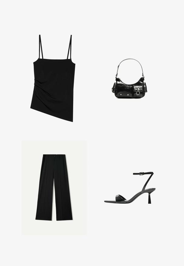 Černý bezrukávový top s tenkými ramínky; má volnou design na jedné straně a hladkou texturu; vyroben z pružného materiálu.; Bershka WIDE - Kalhoty - black; Bershka Sandály na vysokém podpatku - black; Černá lakovaná kožená kabelka s křivkovým tvarem, jedním ramenním popruhem, předními kapsami a stříbrnými kovovými detaily.