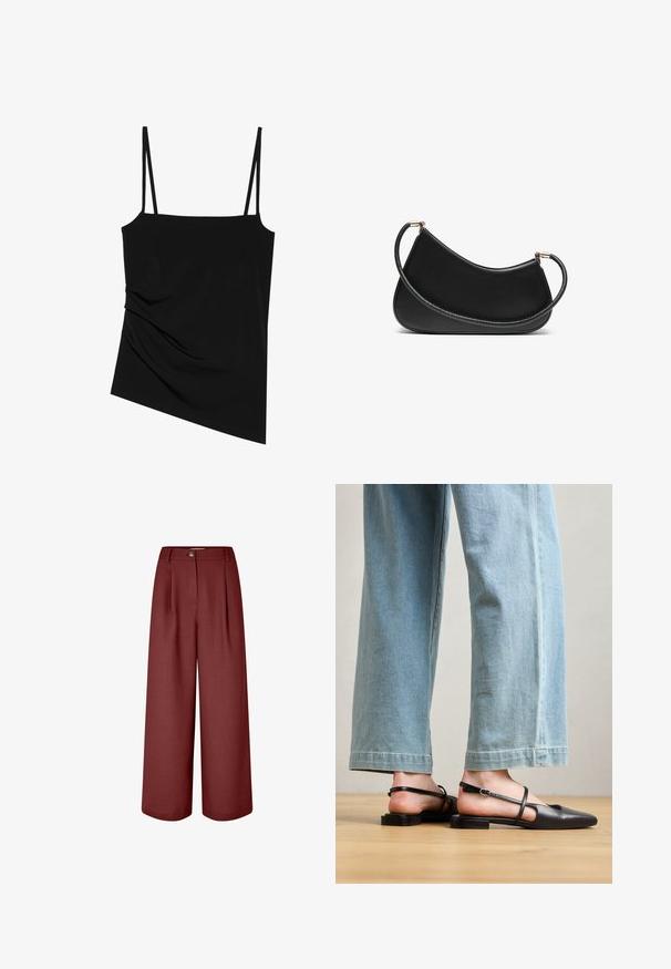 Juodas be rankovių topas su plonomis petnešėlėmis; vienoje pusėje turi drapiruotą dizainą ir lygią tekstūrą; pagamintas iš tamprus audinys.; Plati kojines kelnės turtingos burgundiškos spalvos, pagamintos iš lygios medžiagos. Yra juosmuo, priekiniai klostės ir vieno mygtuko užsegimas.; Juoda odinė basutė su smailiu nosiu, plokščiu Kulnu ir kulkšnies dirželiu; derinama su šviesiai mėlynomis plačiomis džinsinėmis kelnėmis.; Juodas odinis pečių krepšys su išlenktu dizainu, turintis tekstūruotą dirželį ir auksinės spalvos detalėmis viršutinėje užtrauktuko dalyje. Lygi apdaila.; Auksiniai auskarai su įvairiais dizainais, įskaitant studus, žiedus ir kabančius modelius su perlų ir kristalų akcentais.