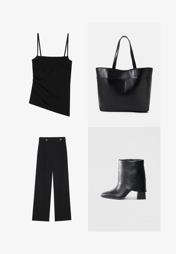 Black, sleeveless top with thin straps; features a draped design on one side and smooth texture; made of stretchy fabric.; Black wide-leg trousers with high waist, button details on waistband, and front pleats.; Black leather ankle boot with a pointed toe, smooth texture, and a structured block heel. Features a high, folded cuff design.; Black leather tote bag with two long handles, a smooth texture, and a structured shape. Features a front pocket for additional storage.