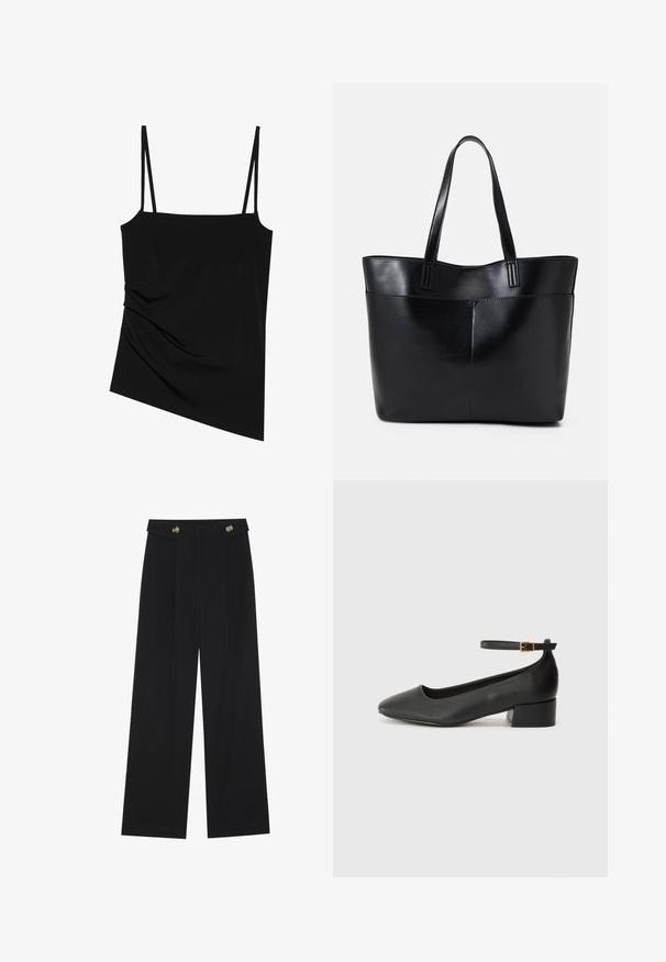 Czarny, bezrękawnik z cienkimi ramiączkami; posiada drapowaną konstrukcję z jednej strony oraz gładką teksturę; wykonany z elastycznego materiału.; Czarne szerokie spodnie z wysokim stanem, z detalami w postaci guzików na pasku oraz plisami z przodu.; Czarne skórzane szpilki z ostrym noskiem i niskim słupkowym obcasem. Wyposażone w pasek na kostkę z złotym zapięciem. Gładka tekstura.; Czarna skórzana torba na ramię z dwoma długimi uchwytami, gładką teksturą i sztywną formą. Posiada przednią kieszeń dla dodatkowego przechowywania.