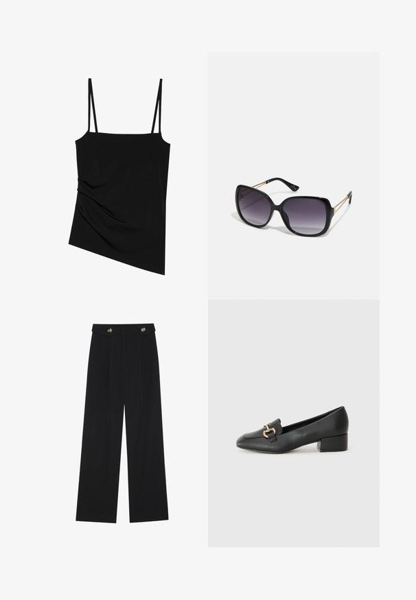 Svart, ermeløs topp med tynne stropper; har et drapert design på den ene siden og glatt tekstur; laget av stretchy stoff.; Svart vide bukser med høy midje, knappdetaljer på midjebåndet og frontplisser.; Sorte skinnloafers med flat hæl, med dekorativ detalj i gull foran og en jevn tekstur.; Sorte oversized solbriller med gradient linser, tykke rammer og detaljering med gulltonekjede på tempelarmene.; Hvit strukturert håndveske med korte håndtak og skulderreim, med detaljer i gullfinish og teksturert materiale, vist mot en grå bakgrunn.