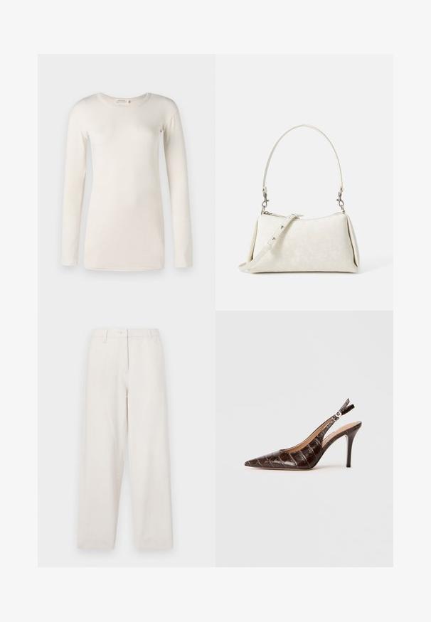 Langermet, kremfarget bomullskjorte med rund hals, myk tekstur og rett snitt. Ingen synlige mønstre eller design.; Beige bomullsbukser med rett ben-design, med knappelukking, frontlommer og en ren finish ved nederkantene.; Brune, krokodilleskinn-embossed slingback pumpe med spiss tå, åpne sider og en tynn høy hæl. Designet med en spennejustering.; Hvit håndveske med glatt tekstur, buet silhuett og justerbar skulderrem. Har et subtilt logomønster og sølvfargede detaljer.