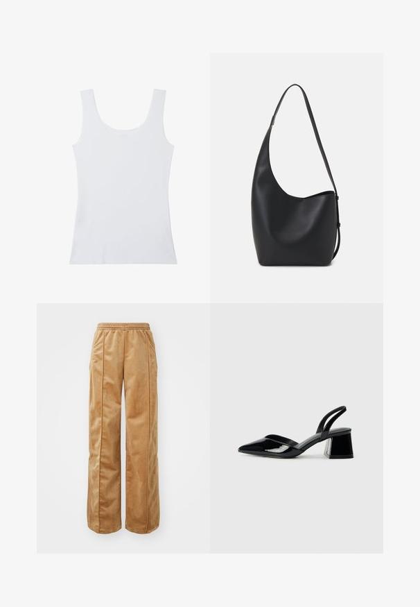 Top sin mangas de color blanco simple con tirantes anchos y escote redondeado, presentado sobre un fondo blanco.; Pantalones de pierna ancha en tono beige, fabricados con un material suave y aterciopelado. Cuentan con una cinturilla elástica y costuras verticales en la parte delantera para un detalle adicional.; Zapatos de tacón slingback de charol negro con punta afilada y tacón geométrico en bloque. Presentan un diseño elegante y minimalista, así como una textura suave.; Bolso tipo hobo de cuero negro con una textura suave, forma curvada y una sola correa ajustable; presenta una amplia apertura en la parte superior.
