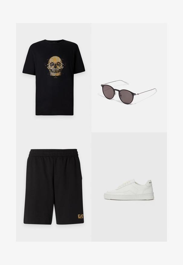 Černé bavlněné tričko s grafickým potiskem lebky obrysem ve zlaté a červené barvě, s propracovanými detaily a klasickým kulatým výstřihem.; Černé sportovní šortky vyrobené z měkké látky, s elastickým pasem a malým žlutým logem EA7 na dolní části levé nohy.; Bílé kožené tenisky s hladkým povrchem, kulatou špičkou, plochými tkaničkami a texturovanou podrážkou. Na patě se nachází nenápadné logo.; Černé kulaté sluneční brýle s tmavými skly a tenkými kovovými nohami. Obsahují průhledné koncovky nožiček a stříbrné akcenty na pantu. Minimalistický design.