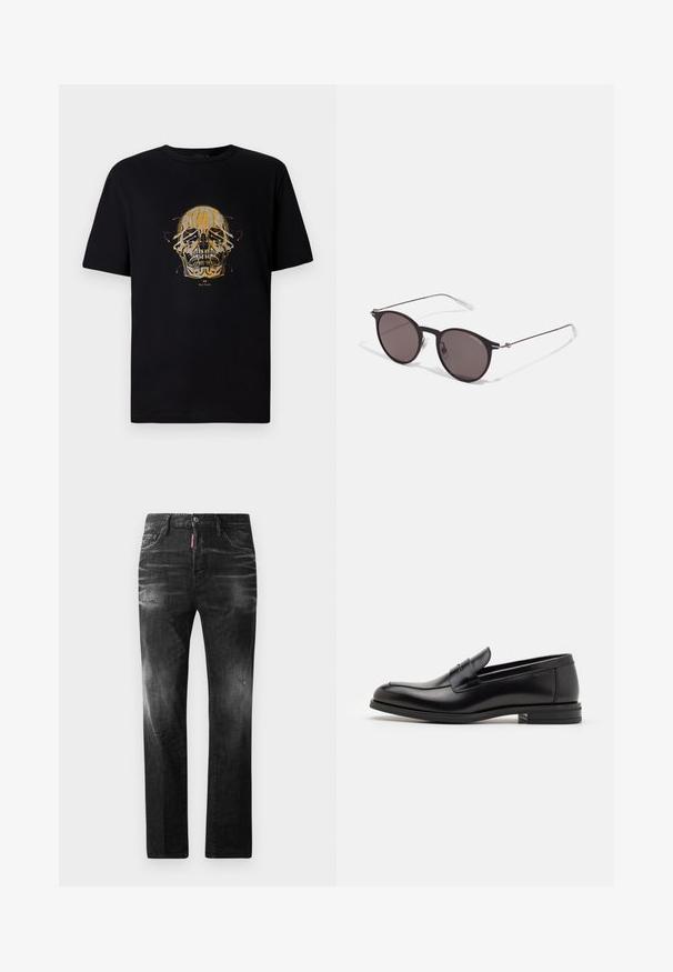 Musta puuvillanen T-paita, jossa on kultaisella ja punaisella ääriviivalla kuvioitu pääkallo, hienovaraisilla yksityiskohdilla ja klassisella pyöreällä kaula-aukolla.; Mustat denimfarkut suoralla istuvuudella. Ominaisuuksiin kuuluu haalistuneita alueita, pieniä kulumia, klassinen viiden taskun malli sekä nappisulku.; Mustat nahkakengät, joissa on sileä pinta, pyöreä kärki ja koristeellinen nauha jalkapöydän yli. Matala pinoitu koroke, minimalistinen muotoilu.; Musta pyöreä aurinkolasit tummilla linsseillä ja kapeilla metallikehyksillä. Sisältää kirkkaat temppelet ja hopeiset yksityiskohdat saranassa. Minimalistinen muotoilu.