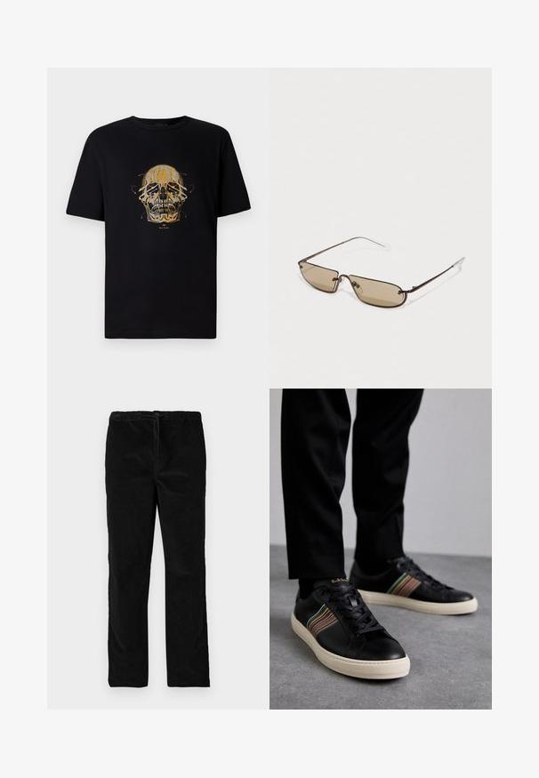 Črna bombažna majica s grafičnim tiskom lobanje obrobljene v zlati in rdeči barvi, z zapletenimi detajli in klasičnim okroglim izrezom.; Črne ravne sametne hlače z elastičnim pasom in sprednjim vrvico, prikazane na enobarvni beli podlagi.; Črne usnjene superge z večbarvnimi črtastimi poudarki, okroglo konico in belimi gumijastimi podplati, z vezalnim dizajnom in embosiranim logotipom.; Rjave metalne pravokotne sončna očala z rjavimi zatemnjenimi lečami in tankimi, prozornimi ušesnimi konicami, ki se ponašajo z minimalističnim oblikovanjem in diskretnim logotipom.