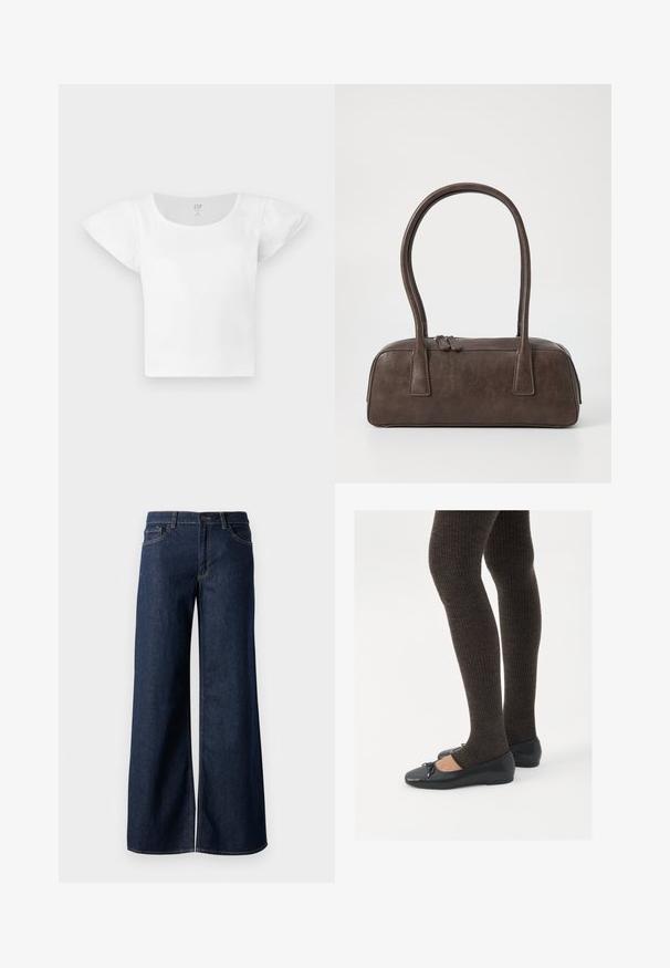 Haut court à manches courtes blanc avec épaules bouffantes et col rond, en tissu côtelé, de GAP en taille moyenne.; Jean large en denim bleu foncé. Présente des coutures contrastées, cinq poches et une fermeture par bouton à la taille. Texture lisse.; Chaussures plates noires avec un petit nœud au niveau des orteils, associées à des collants côtelés marron foncé. Les chaussures ont une texture lisse et un profil bas.; Sac à main en cuir marron avec deux poignées robustes, de forme rectangulaire, texture lisse et fermeture zippée. Design minimaliste sans motifs visibles.
