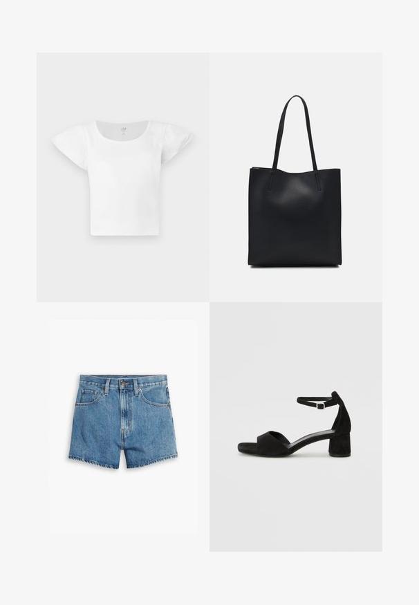 Top corto bianco a maniche corte con spalle a sbuffo e scollatura rotonda, realizzato in tessuto a coste, di GAP in taglia media.; Shorts in denim blu chiaro, con cinque tasche, chiusura a zip e bottone. L'orlo è sfilacciato e presenta un design a vestibilità rilassata.; Sandali con tacco in suede nero, con una sottile fascia alla caviglia, design open toe e un discreto tacco a blocco. Texture liscia e decorazioni minime.; Borsa tote in pelle nera con texture liscia, forma rettangolare e due manici lunghi. Nessun hardware o decorazione visibile.