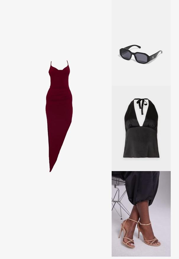 Černý top na halter s hladkým materiálem, s hlubokým výstřihem ve tvaru V, s nastavitelným vázáním na krku a přiléhavým střihem.; Burgundské přiléhavé šaty se špagetovými ramínky, s bočním rozparkem a nařasením v pase, vyrobené z elastického materiálu.; Béžové sandály na podpatku s krystalovými ozdobami, otevřenou špičkou, tenkými pásky a elegantním siluetou.; Černé sluneční brýle s osmistěnným rámem, tmavými skly, lesklým plastovým materiálem a stříbrným logem na jedné straně.; Kabelka na zápěstí Michael Kors v béžové potažené plátno s opakujícím se vzorem loga MK, zlatými kovovými doplňky a odnímatelným řetízkovým popruhem.; Zlaté kovové náušnice s vlnitým designem; hladký, lesklý povrch; asymetrický tvar; žádné viditelné vzory nebo hardware.