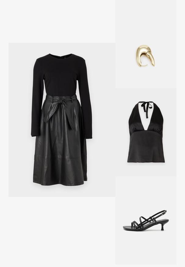 Juodas halter tipo viršus, pagamintas iš glotnaus audinio, su giliu V formos iškirpimu, reguliuojamu rišimu kaklo srityje ir prigludusia siluetu.; Juodas ilgas rankovės marškinėlis, derinamas su juoda dirbtinės odos sijonu, turinčiu surišamą juosmenį ir lygią, blizgią tekstūrą.; Juodos aukštakulnės šlepetės su keliais perrištomis juostelėmis. Lygi medžiaga, smailas nosis ir siauras kulnas. Reguliuojama kulkšnies juostelė su sagtimi.; Juodas odinis dėkliukas su atvarteliu ir auksinės metalinės sagties detalėmis. Įeina juodas diržas ir elegantiškas, minimalistinis dizainas.; Aukso tono metalinės auskarai su stilingu, kreiviu dizainu. Išsiskiria ryškiu smailiu pavidalu, poliruota paviršiumi ir užsegimu su vyriu.