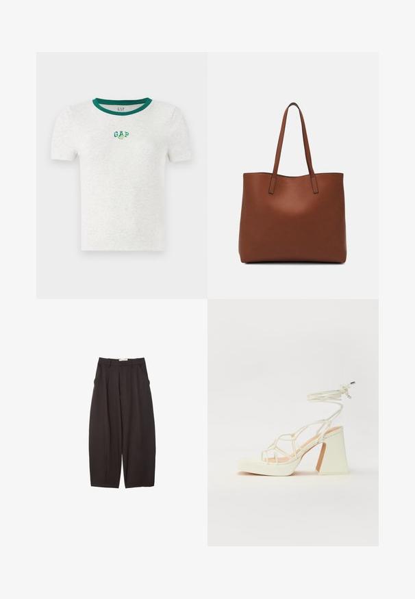 Kortærmet hvid t-shirt med en grøn ribbet halsudskæring, der har et lille broderet "GAP" logo i grøn og hvid på brystet.; Sorte brede bukser lavet af et glat stof, med høj talje, forfaldne folder og sidelommer. Simpelt design uden udsmykninger.; Hvide højhælede sandaler med en kraftig hæl, der har et stropdesign og ankelbinding. Glat tekstur med en platform foran for ekstra højde.; Brun læder tote taske med en glat overflade, åben topdesign og to skulderremme. Har minimal syning og ingen synlig hardware.