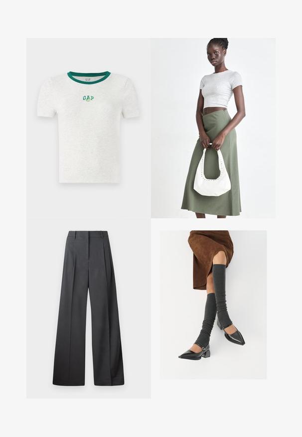 Short-sleeve white t-shirt with a green ribbed neckline, featuring a small embroidered "GAP" logo in green and white on the chest.; Wide-leg trousers in dark gray fabric, featuring a high waist, single pleats, and a smooth texture with a clean finish at the hems.; Black patent leather pointed-toe shoes with a block heel and ankle strap, paired with gray ribbed leg warmers and a brown suede skirt.; Gray ribbed crop top and olive green high-waisted skirt. Model holds a white shoulder bag with cut-out detailing. Simple design, fitted silhouette.