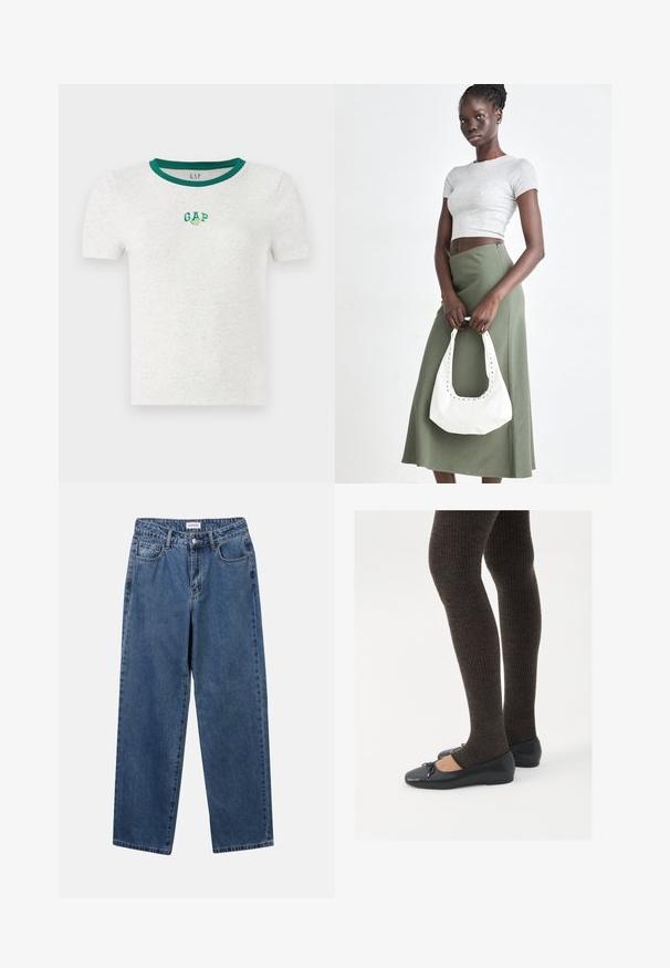 Korte mouwen wit T-shirt met een groene ribbelkraag, voorzien van een klein geborduurd "GAP" logo in groen en wit op de borst.; Klassieke blauwe denim jeans met een rechte pijp, vijf zakken en een knoopsluiting. Heeft een middelgrote wasbeurt en stevige textuur.; Zwarte platte schoenen met een kleine strikdetail op de neus, gecombineerd met donkerbruine geribbelde panty’s. De schoenen hebben een gladde textuur en een lage profiel.; Grijs geribbelde crop top en olijfgroene hoge taille rok. Model houdt een witte schoudertas met uitsparingen vast. Eenvoudig ontwerp, aansluitende silhouet.
