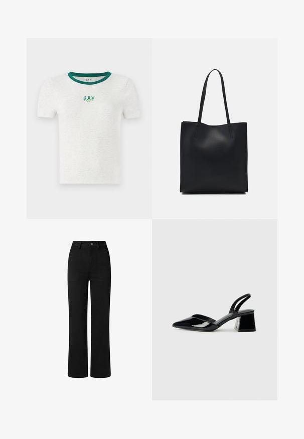 Kortsleeve hvit t-skjorte med grønn ribbestrikket hals, som har en liten brodert "GAP" logo i grønn og hvit på brystet.; Sorte, høy midje bukser med rett ben-design, laget av glatt bomullsstoff. Har frontlommer og en enkel metalldeksel.; Svarte patentlær slingback hæler med spiss tå og geometrisk blokk hæl. Har et stilrent, minimalistisk design og jevn tekstur.; Svart lær tote bag med glatt tekstur, rektangulær form og to lange håndtak. Ingen synlige deler eller dekorasjoner.