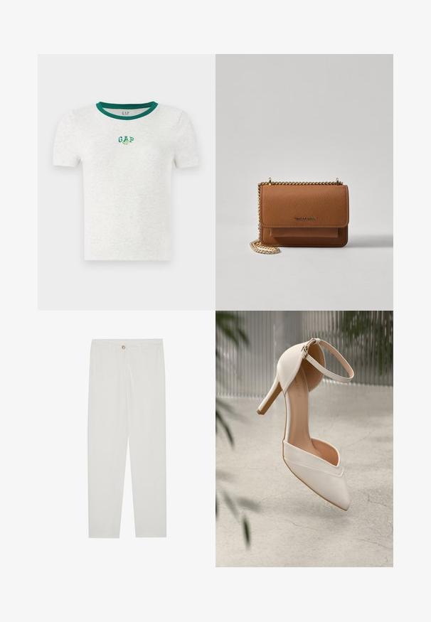 T-shirt branca de mangas curtas com decote canelado verde, apresentando um pequeno logótipo bordado "GAP" em verde e branco no peito.; Calças brancas, ajustadas, com um design de perna reta, apresentando um fecho de botão, passantes para cinto e bolsos laterais; textura de tecido suave.; Shoe de salto alto branco em material suave com bico pontudo e tira no tornozelo. Apresenta um interior em tom claro de bege e detalhes em tom dourado.; Bolsa crossbody de couro texturizado castanho com alça de corrente dourada e fecho com aba. A parte da frente apresenta detalhe do logótipo e um bolso sob a aba.