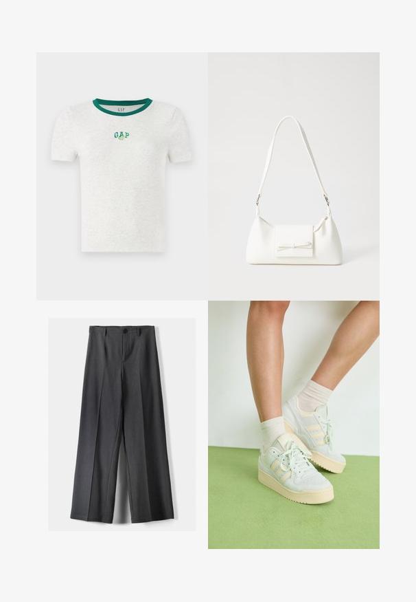 Short-sleeve white t-shirt with a green ribbed neckline, featuring a small embroidered "GAP" logo in green and white on the chest.; Wide-leg trousers in dark grey fabric, featuring a button closure, front pleats, and belt loops. Smooth texture with a tailored design.; Light green sneakers with a textured surface, featuring three white stripes, a cream rubber sole, and lace-up design. Worn with light socks.; White synthetic handbag with a triangular shape, flat front flap and bow detail, adjustable strap, smooth texture, and minimalistic design.