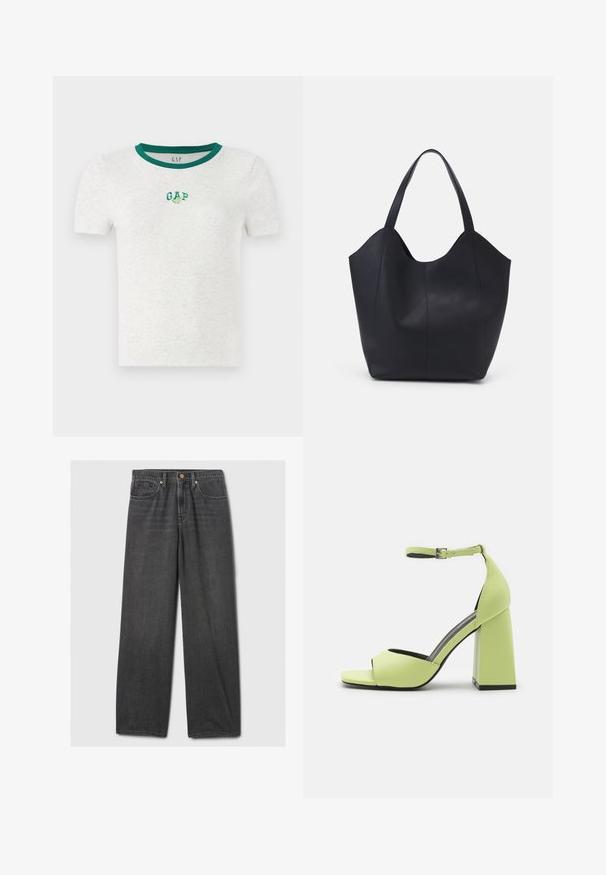 Kurzhülse weißes T-Shirt mit einem grünen gerippten Ausschnitt, das auf der Brust ein kleines gesticktes "GAP"-Logo in Grün und Weiß trägt.; Schwarze gerade Jeans aus Denim, mit fünf Taschen, Kupfernieten und einem sauberen Saum ohne sichtbare Muster oder Abnutzung.; Even&Odd High Heel Sandalette - light green; Schwarze Tote-Bag aus glattem Leder, mit einem abgerundeten, offenen Oberteil, zwei Schulterträgern und einem minimalistischen Design.