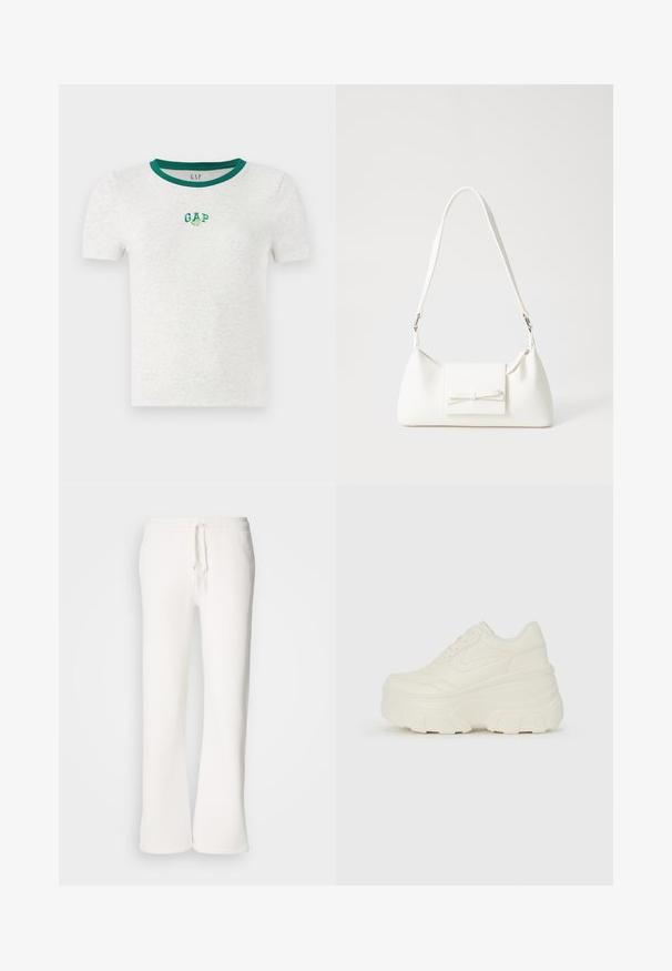Biały t-shirt z krótkim rękawem i zielonym ściągaczem przy dekolcie, z małym haftowanym logo "GAP" w zielonym i białym kolorze na piersi.; Białe, luźne spodnie dresowe wykonane z miękkiego materiału, z elastycznym paskiem w talii i prostymi nogawkami.; Białe sneakersy na platformie z gładkim, skórzano przypominającym wierzchem, zaokrąglonym kształtem, wyściełanym kołnierzem oraz teksturowaną gumową podeszwą z wyraźnym bieżnikiem.; Biała syntetyczna torba o trójkątnym kształcie, płaskim przednim klapce i detalach w postaci kokardy, regulowanym pasku, gładkiej fakturze oraz minimalistycznym designie.